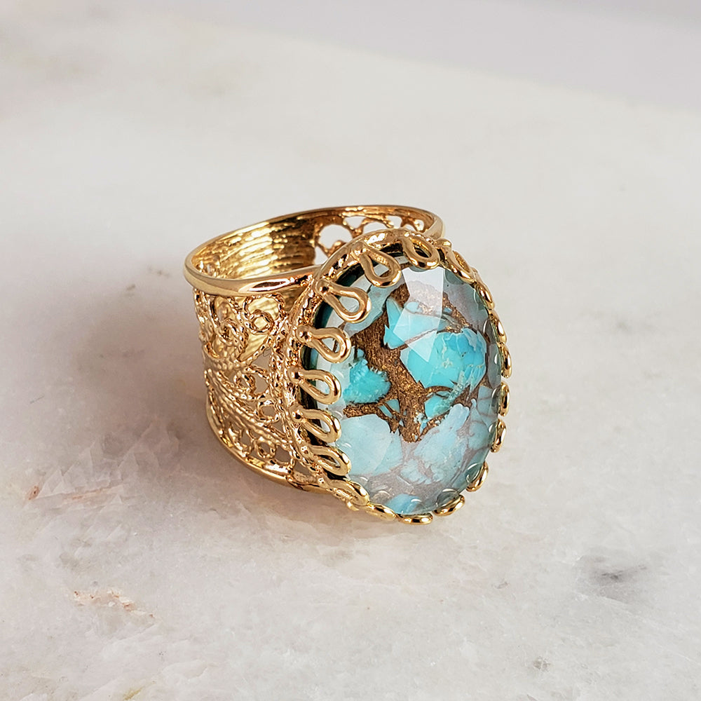 Gold Plated Turquoise Doublet Filigree Ring