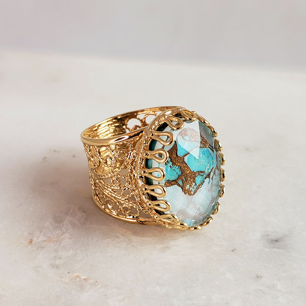 Gold Plated Turquoise Doublet Filigree Ring