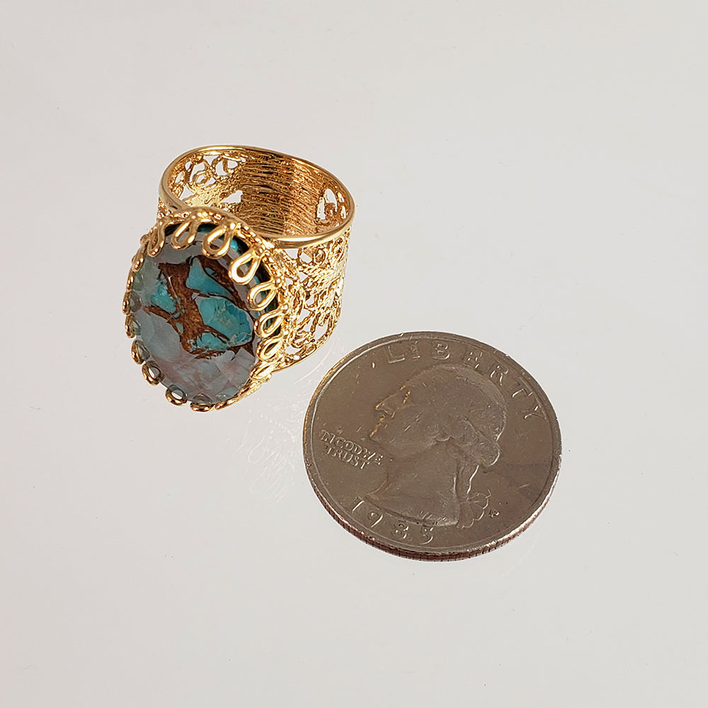 Gold Plated Turquoise Doublet Filigree Ring