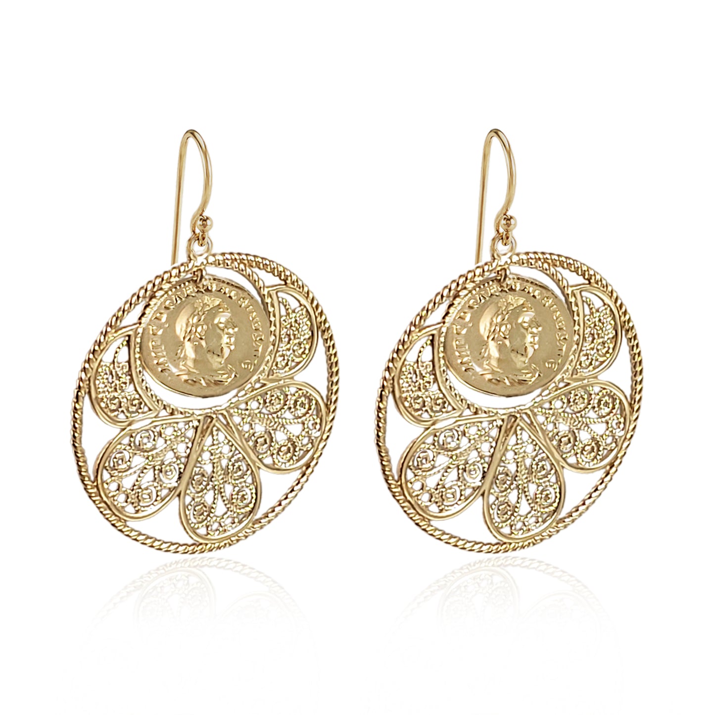 Filigree Coin Medallion Dangle Earrings with Petal Frame