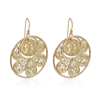 Filigree Coin Medallion Dangle Earrings with Petal Frame