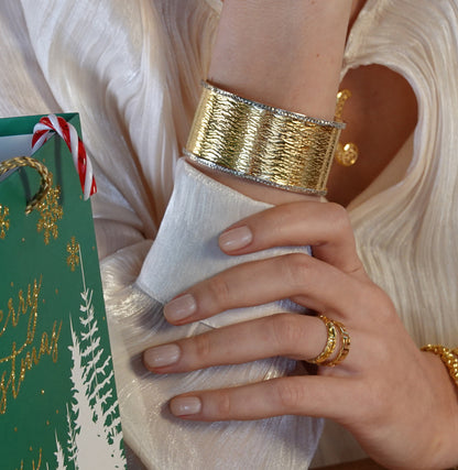 Textured Cuff Bracelet with Diamond-Cut Sparkle - Wide Cuff Bangle