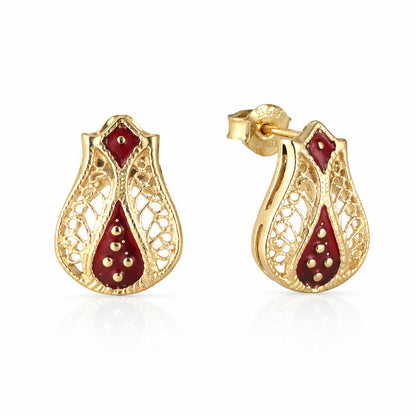 Red Enamel Filigree Stud Earrings