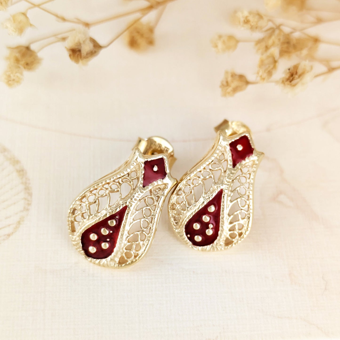 Red Enamel Filigree Stud Earrings