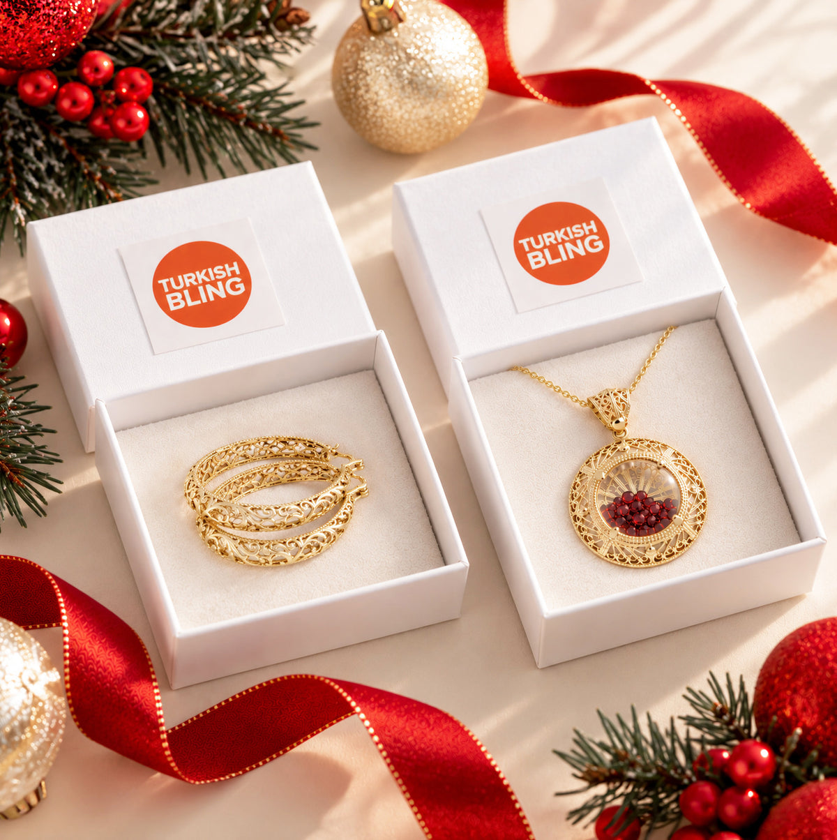 2-Item Bundle: Filigree Hoop Earrings & Gemstone Pendant Necklace Gift Bundle