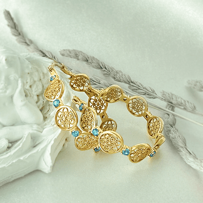 Filigree Floral Hoop Earrings with Gemstones - TurkishBling