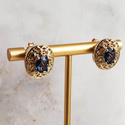 Scrollwork Quartz Filigree Stud Earrings - Choice of Genuine Sky Blue Topaz, Morganite, Tanzanite Color Quartz