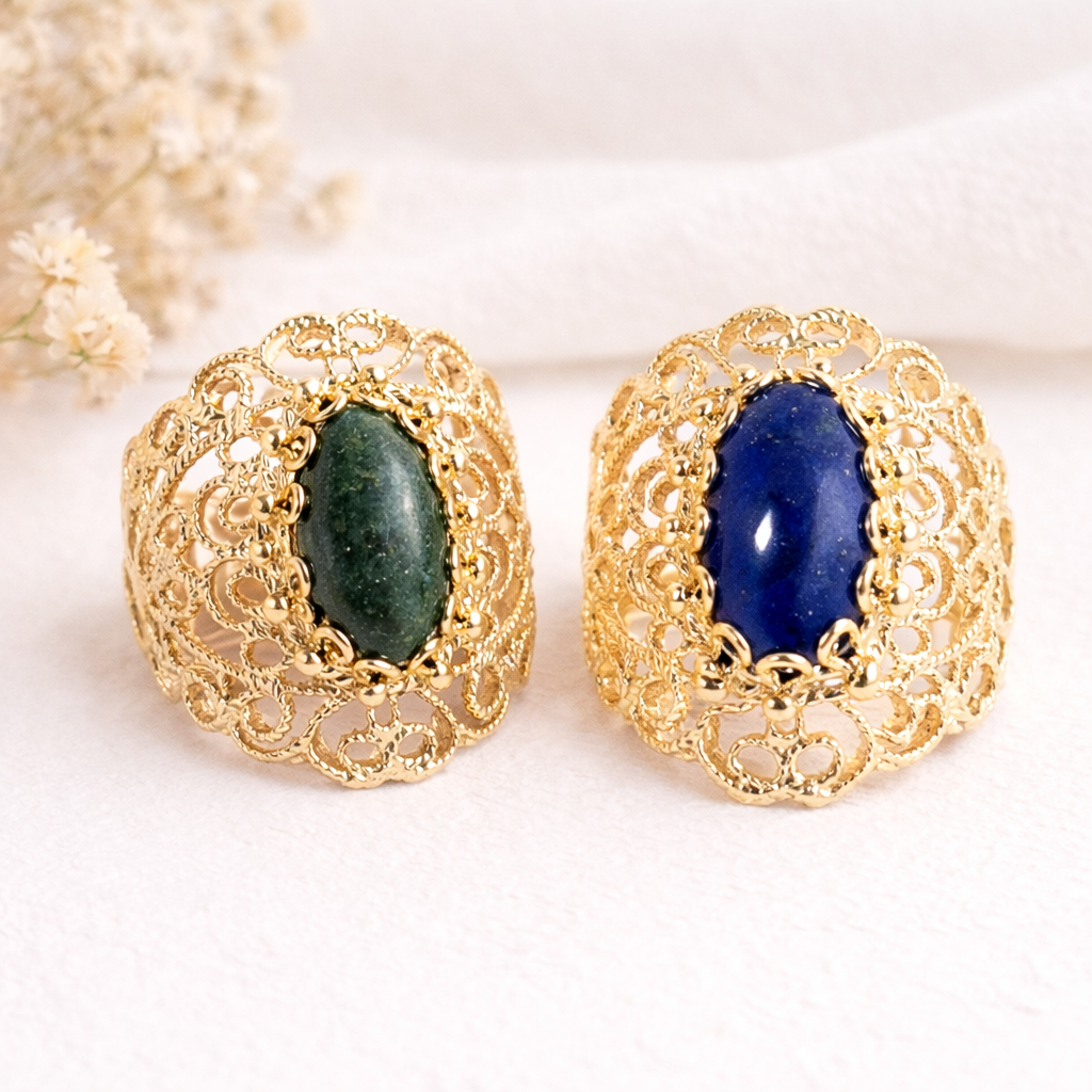 18K Gold Plated 14 x 7mm Gemstone Filigree Ring
