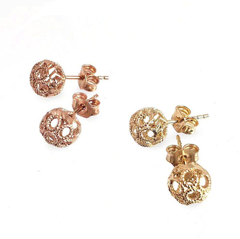 Round Gold Filigree Bead Stud Earrings with Diamond Cut
