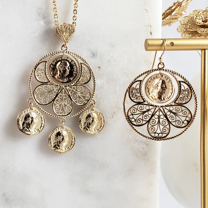 Roman Coin Filigree Pendant with 30" chain