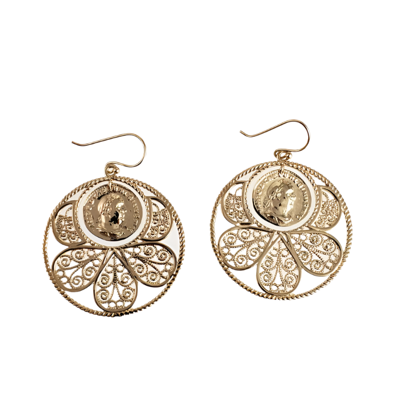 Filigree Coin Medallion Dangle Earrings with Petal Frame