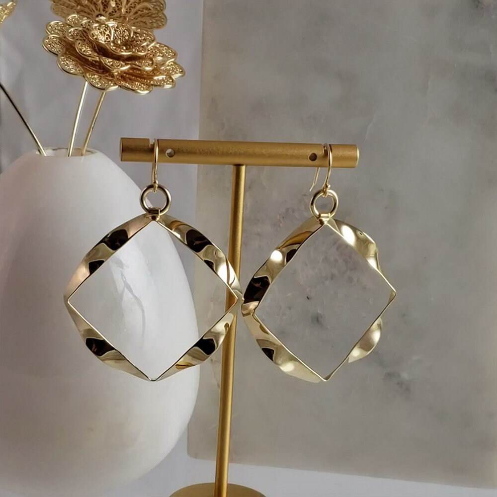 Wavy Square Drop Earrings – Bold Open Frame Look - TurkishBling