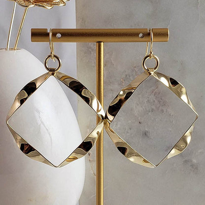 Wavy Square Drop Earrings – Bold Open Frame Look - TurkishBling