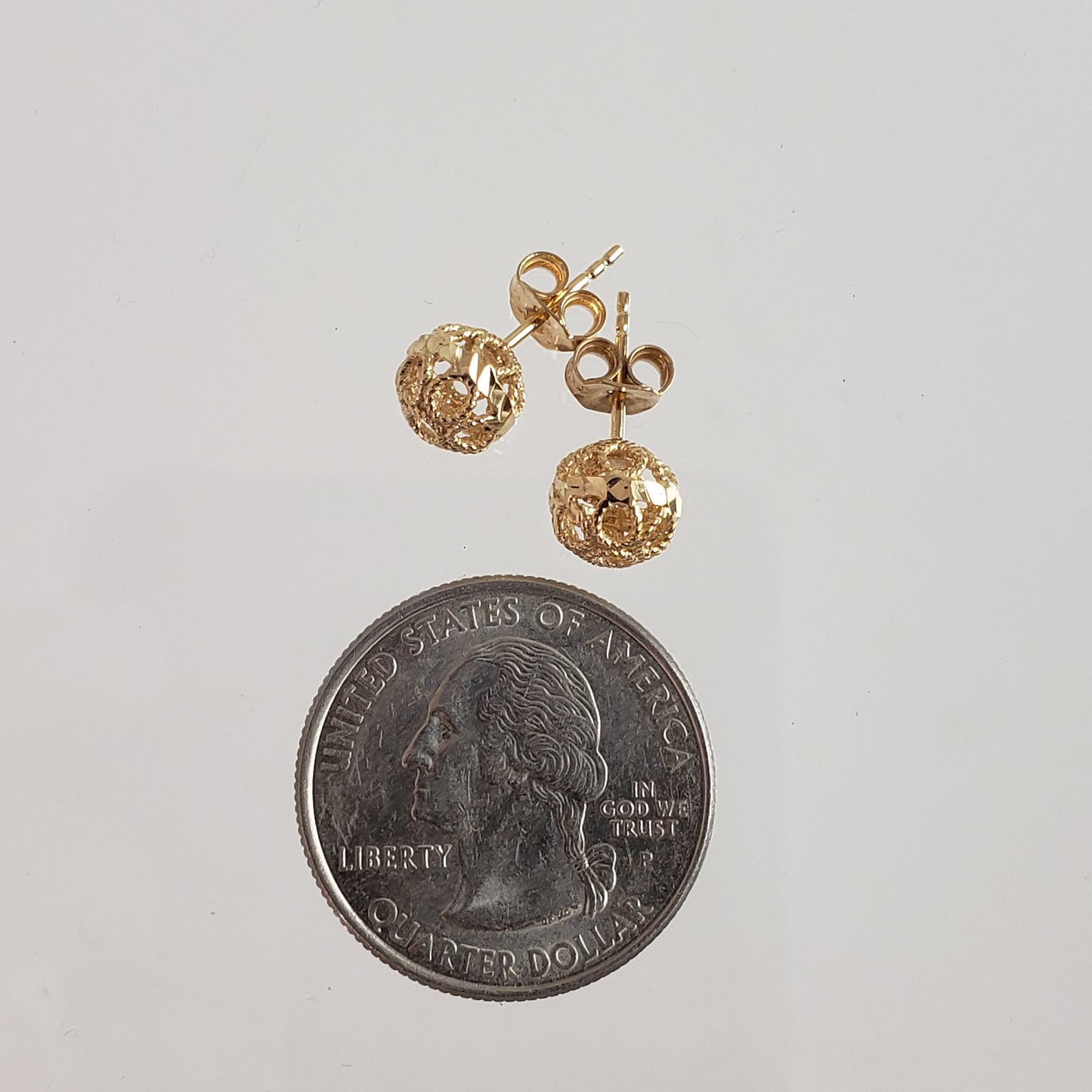 Round Gold Filigree Bead Stud Earrings with Diamond Cut