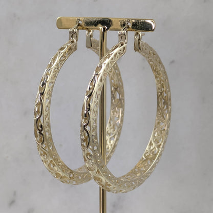 Made to Order Glamorous Scrollwork 14K 18k Real Solid Gold Filigree Hoops - 52mm (2 inches) Inner Diameter - TurkishBling