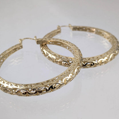 Made to Order Glamorous Scrollwork 14K 18k Real Solid Gold Filigree Hoops - 52mm (2 inches) Inner Diameter - TurkishBling