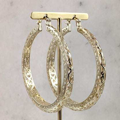 Made to Order Glamorous Scrollwork 14K 18k Real Solid Gold Filigree Hoops - 52mm (2 inches) Inner Diameter - TurkishBling