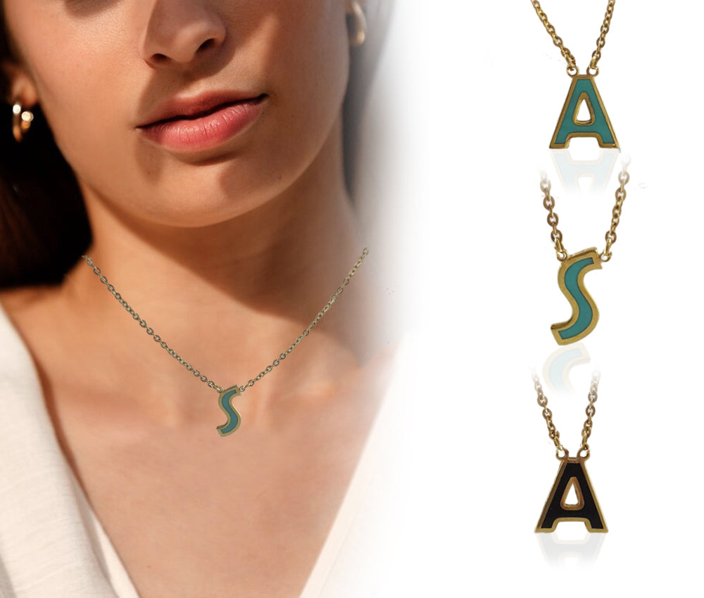 Initial Necklace, Personalized Jewelry ,Gifts for Her, Enamel Necklace 18k Gold Over Bronze