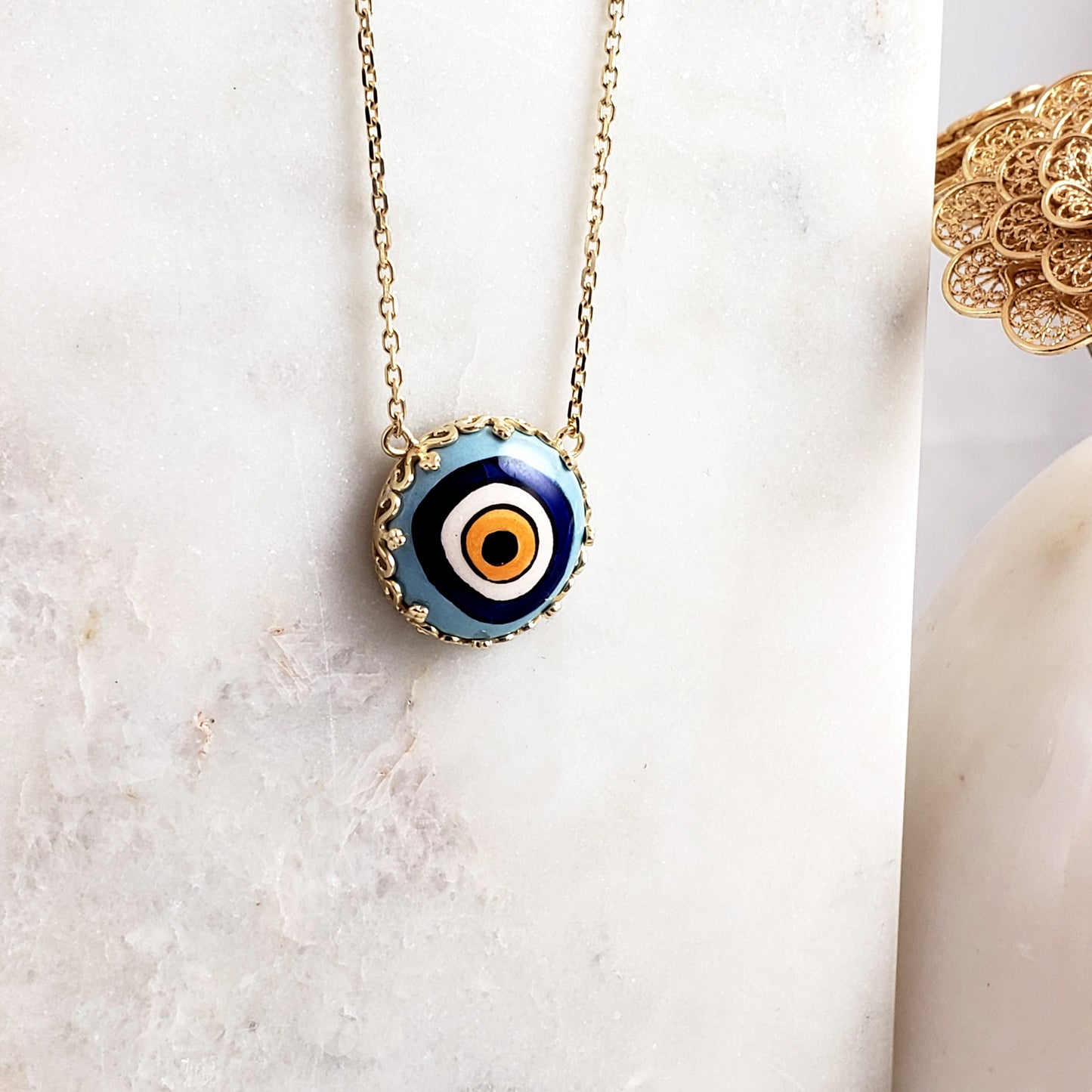 Gold over Silver Hand Painted Ceramic One of a Kind Evil Eye Necklace 18+2