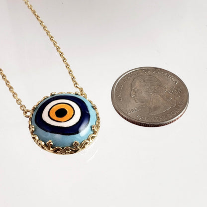 Gold over Silver Hand Painted Ceramic One of a Kind Evil Eye Necklace 18+2 - TurkishBling