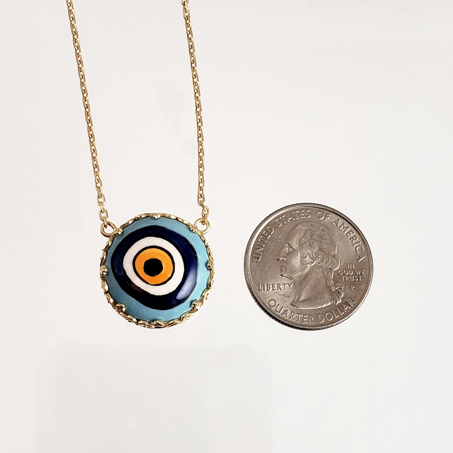 Gold over Silver Hand Painted Ceramic One of a Kind Evil Eye Necklace 18+2