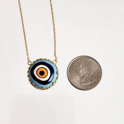 Gold over Silver Hand Painted Ceramic One of a Kind Evil Eye Necklace 18+2 - TurkishBling