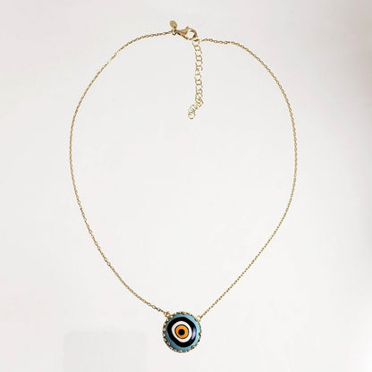 Gold over Silver Hand Painted Ceramic One of a Kind Evil Eye Necklace 18+2 - TurkishBling