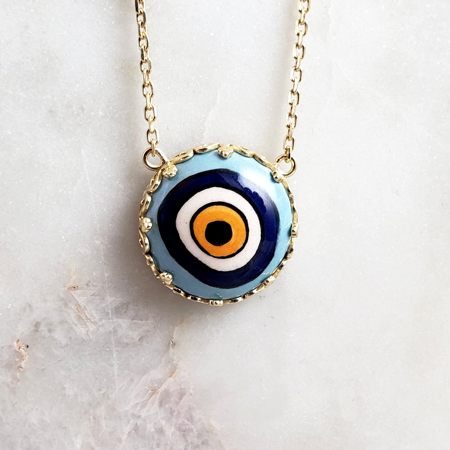 Gold over Silver Hand Painted Ceramic One of a Kind Evil Eye Necklace 18+2