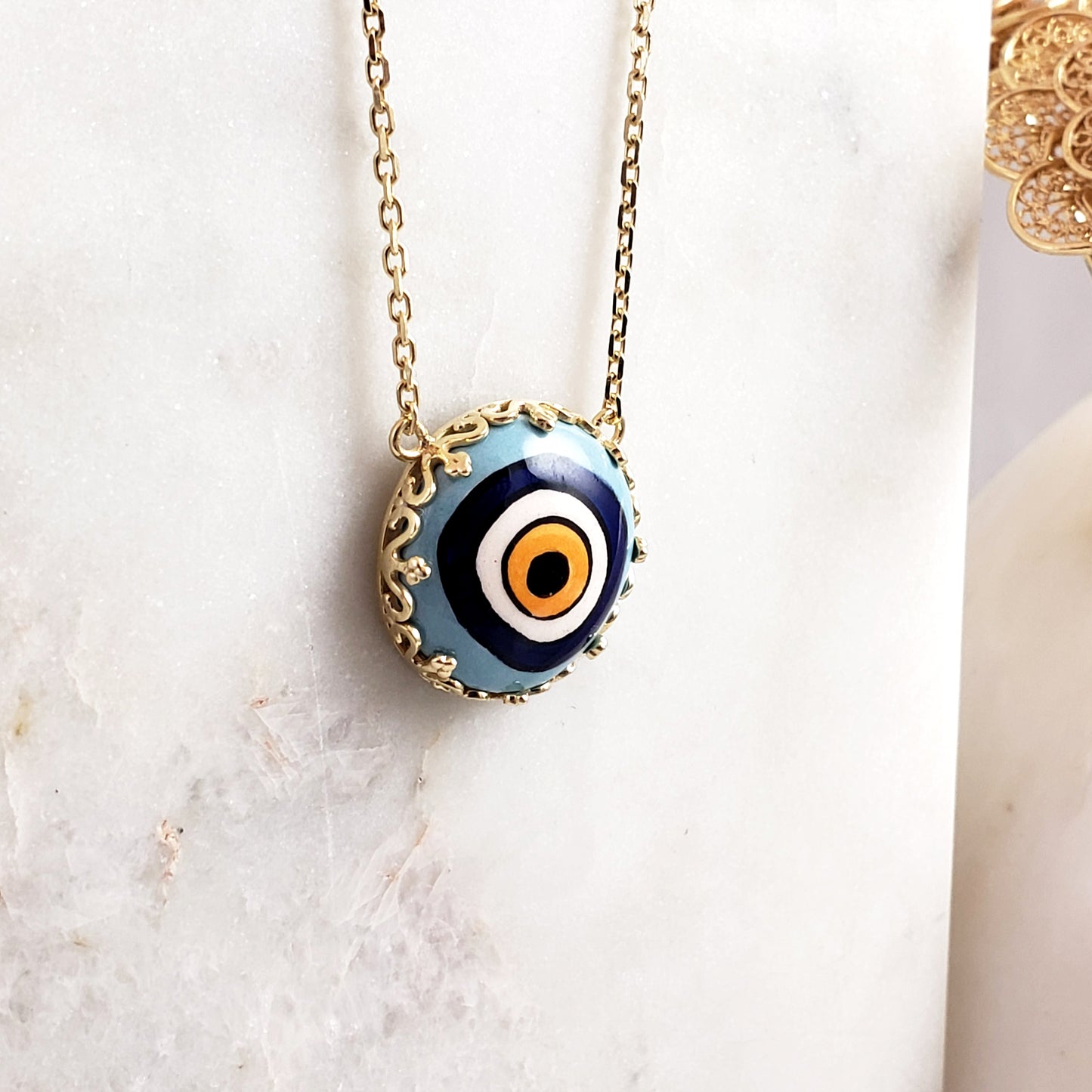 Gold over Silver Hand Painted Ceramic One of a Kind Evil Eye Necklace 18+2