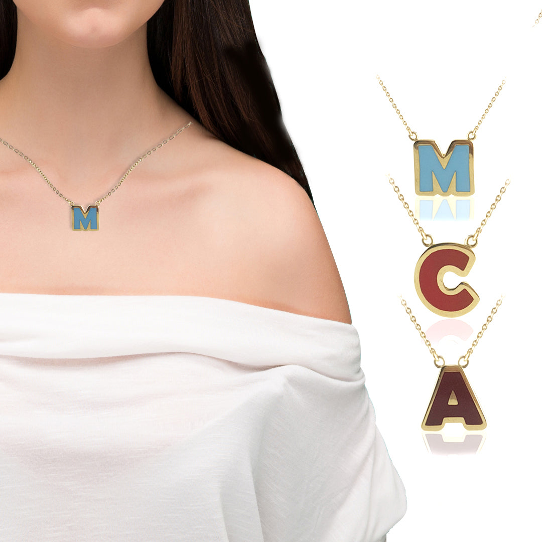 Initial Necklace, Personalized Jewelry ,Gifts for Her, Enamel Necklace 18k Gold Over Bronze