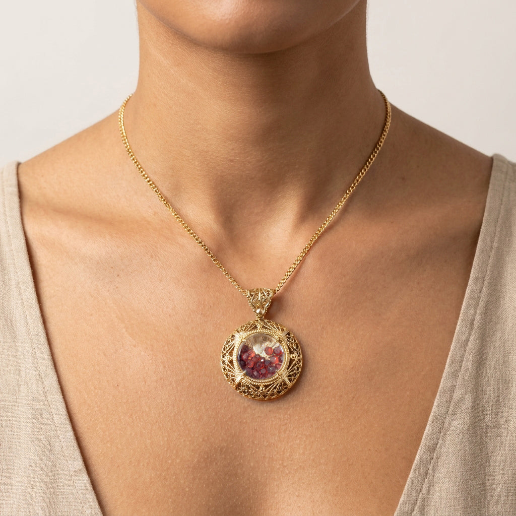 Filigree Locket Shaker Pendant with Floating Gemstones – 36 in. Love Link Chain