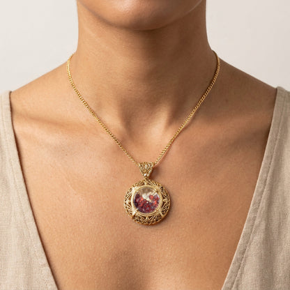 Filigree Locket Shaker Pendant with Floating Gemstones – 36 in. Love Link Chain