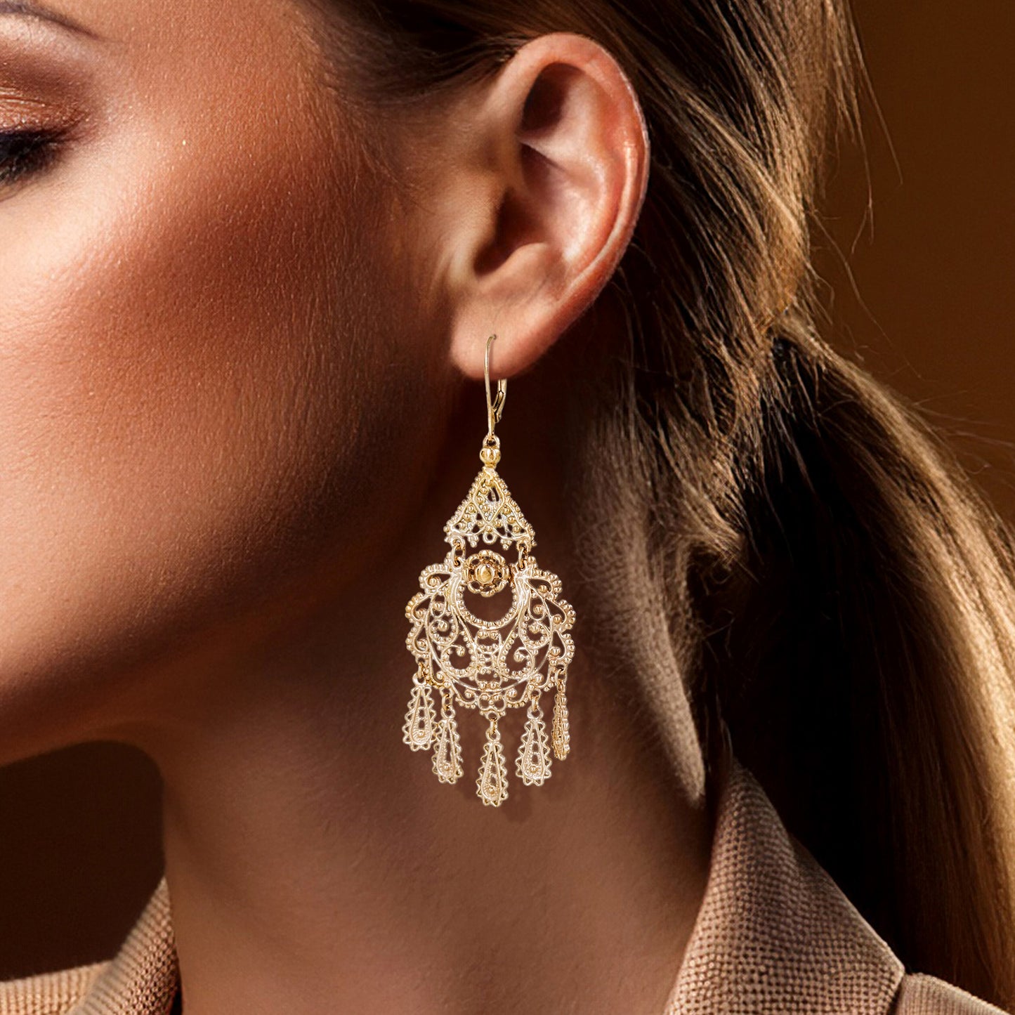 Gold Filigree Chandelier Earrings – Vintage-Inspired 2 3/8 Inch Dangle Earrings