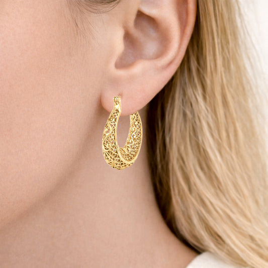 Elegant Filigree Gold Hoop Earrings with Intricate Scrollwork Design