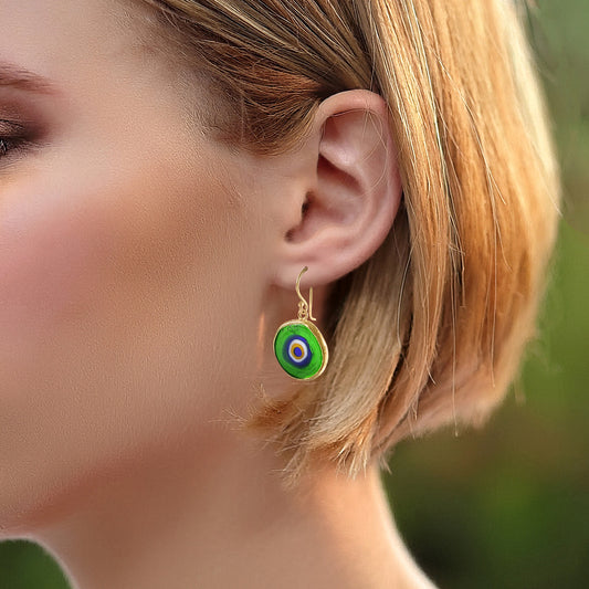 Green Evil Eye Dangle Earring with Round Glass Bead