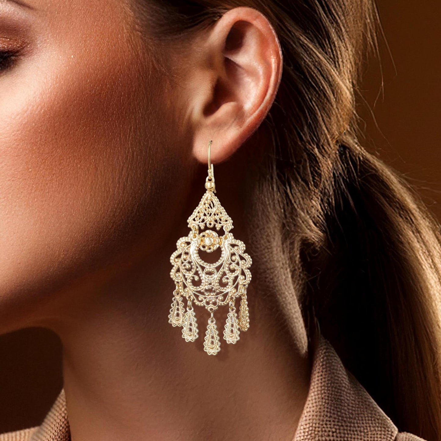 Gold Filigree Chandelier Earrings – Vintage-Inspired 2 3/8 Inch Dangle Earrings
