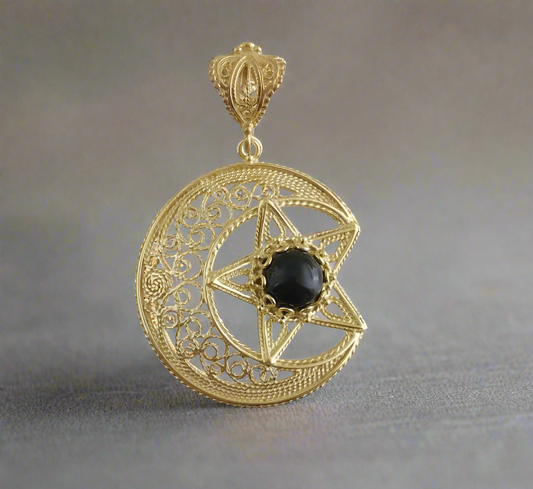 Gold Crescent Moon and Star Pendant with Black Onyx – Handcrafted Celestial Jewelry