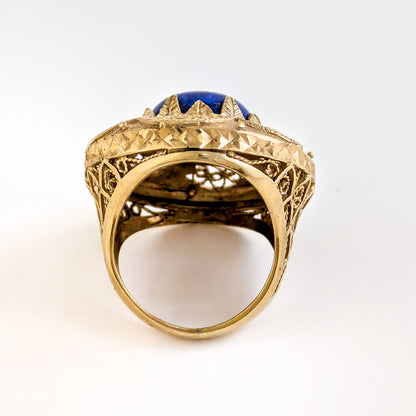 Lapis Statement Ring with Intricate Filigree Bezel