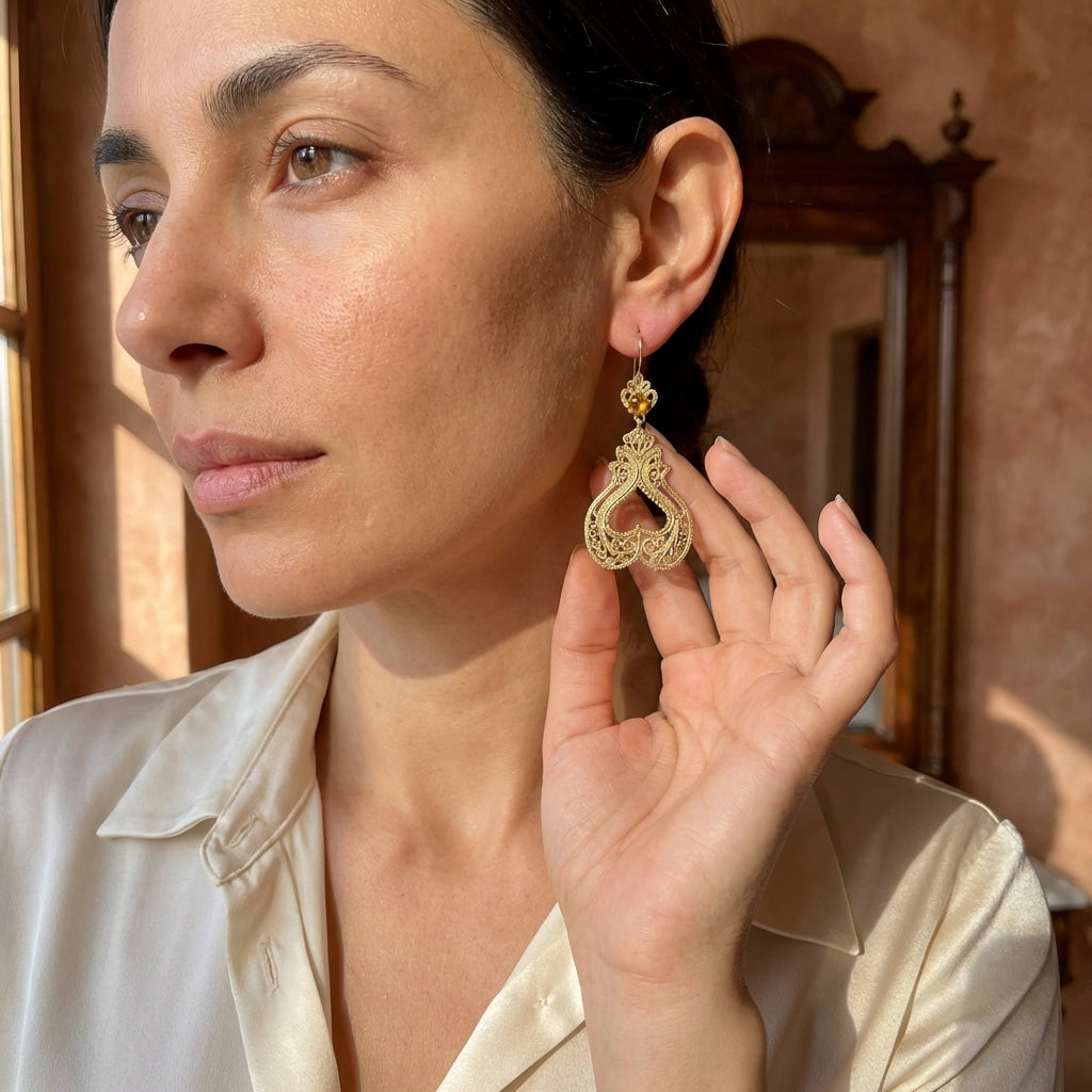 Filigree Drop Earrings with Tanzanite and Fire Opal