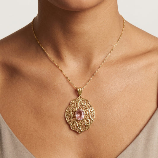 Filigree Pendant with Morganite-Colored Quartz – 10x14mm Gemstone