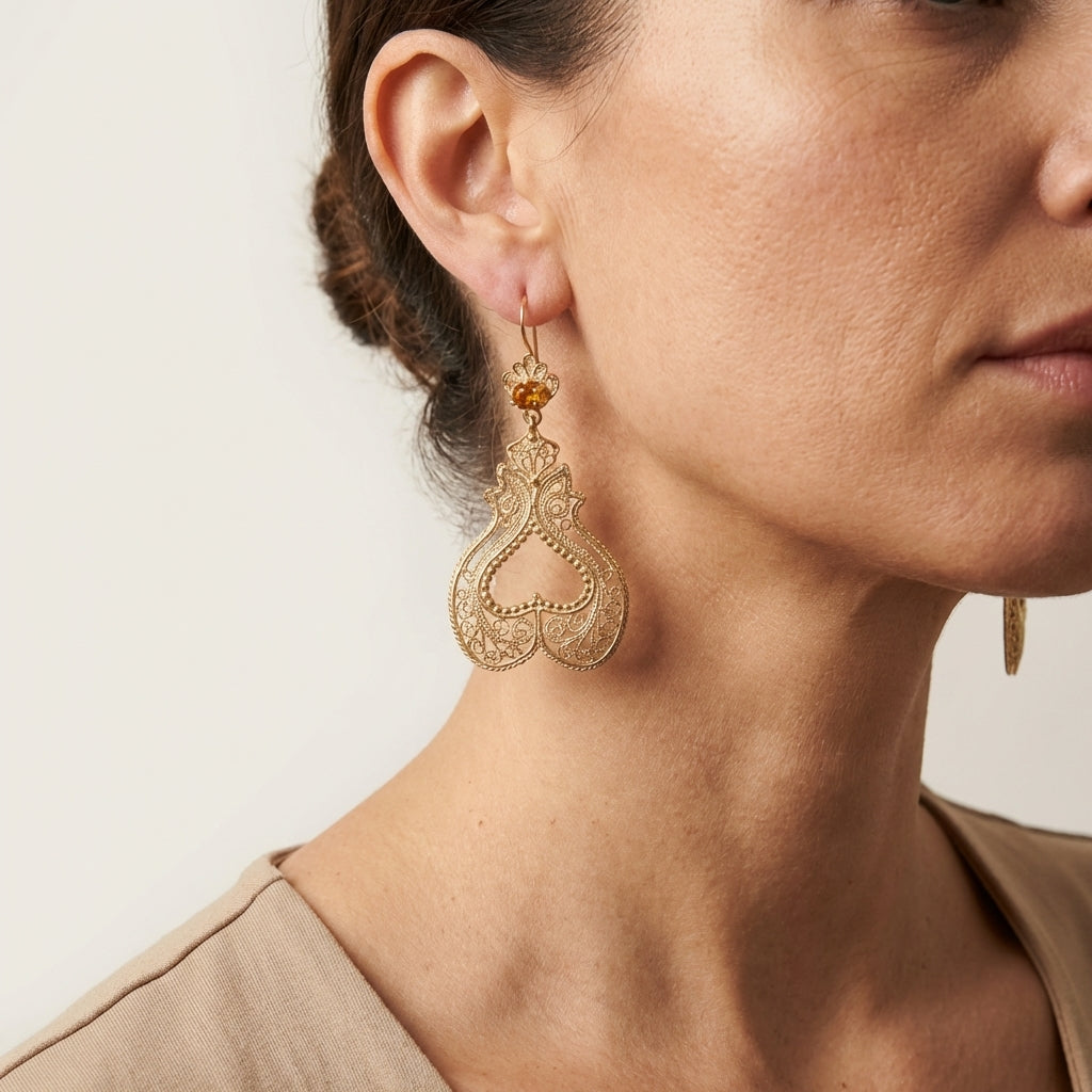 Filigree Drop Earrings with Tanzanite and Fire Opal