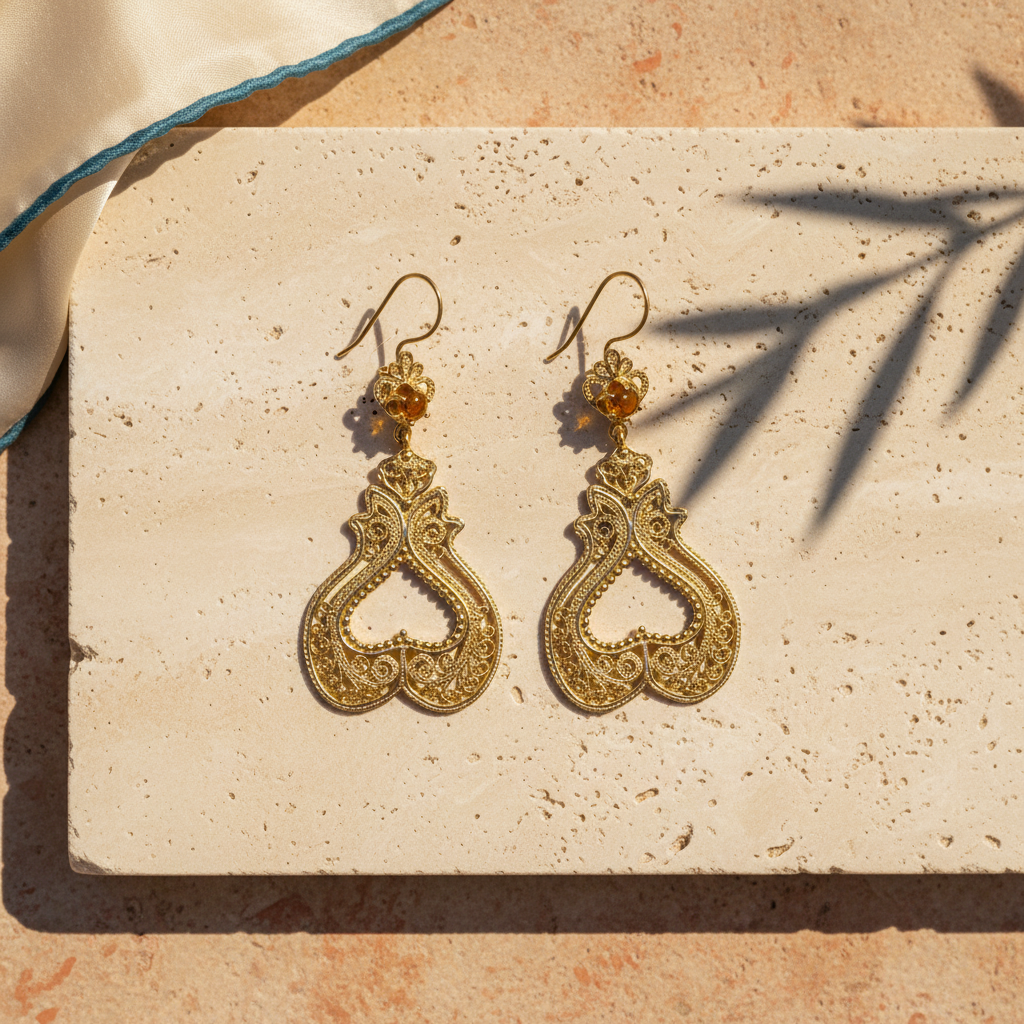 Filigree Drop Earrings with Tanzanite and Fire Opal