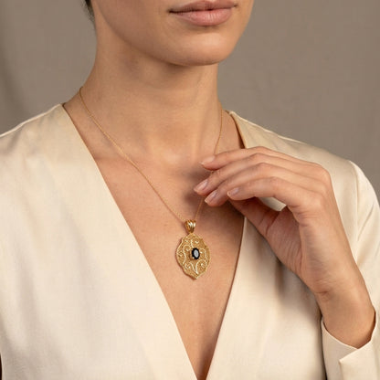 Scroll Pattern Pendant Black Spinel Statement Jewelry