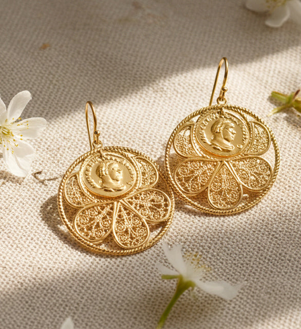 Filigree Coin Medallion Dangle Earrings with Petal Frame