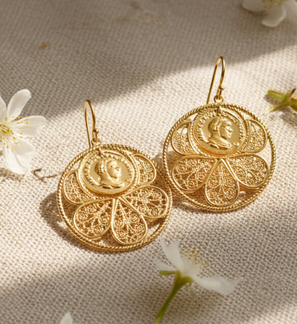 Filigree Coin Medallion Dangle Earrings with Petal Frame