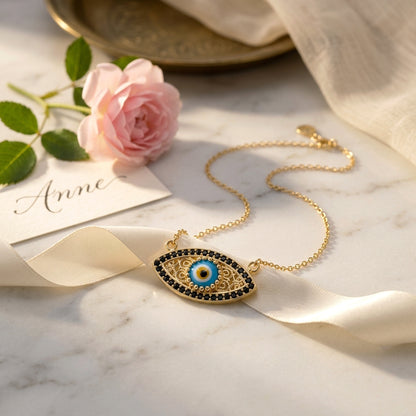Evil Eye Gold Necklace 18k Gold Over Bronze Nazar Pendant Black CZ Turkish Protection Jewelry
