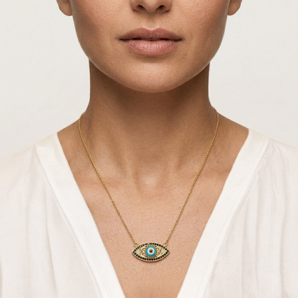 Evil Eye Gold Necklace 18k Gold Over Bronze Nazar Pendant Black CZ Turkish Protection Jewelry