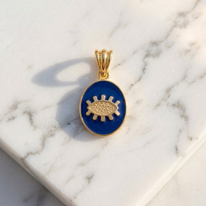 Gold Evil Eye Pendant Navy Blue Enamel Nazar Charm Pendant