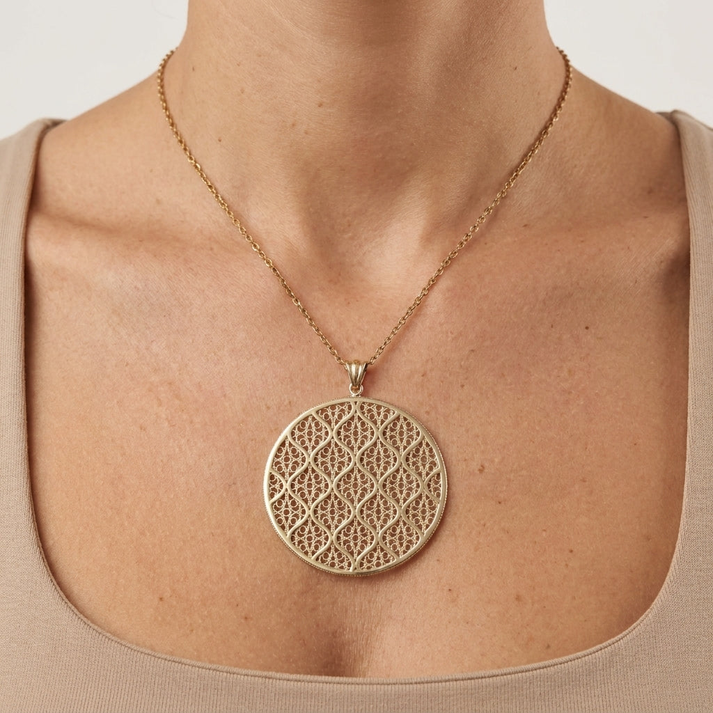 Gold Filigree Round Pendant Geometric Openwork Medallion Charm