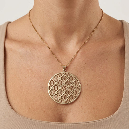 Gold Filigree Round Pendant Geometric Openwork Medallion Charm